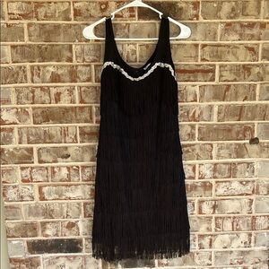 Spirit Black Midi Flapper Dress with Silver Fringe